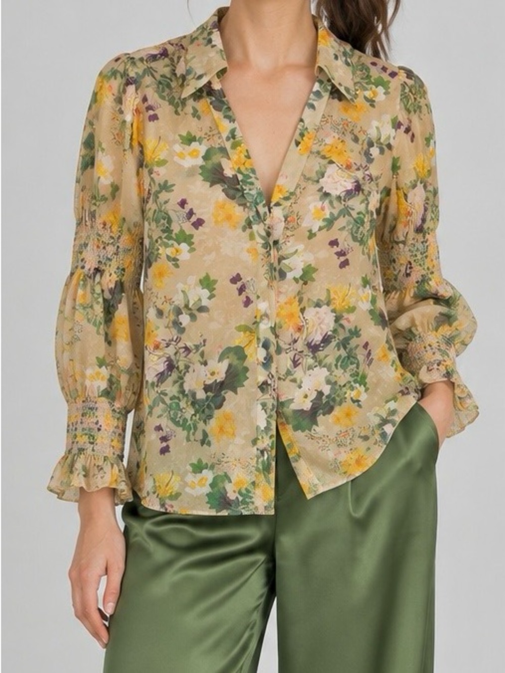 Alice+Olivia Floral Silk Cotton Semi-Sheer Collared Button Sheer Blouse L